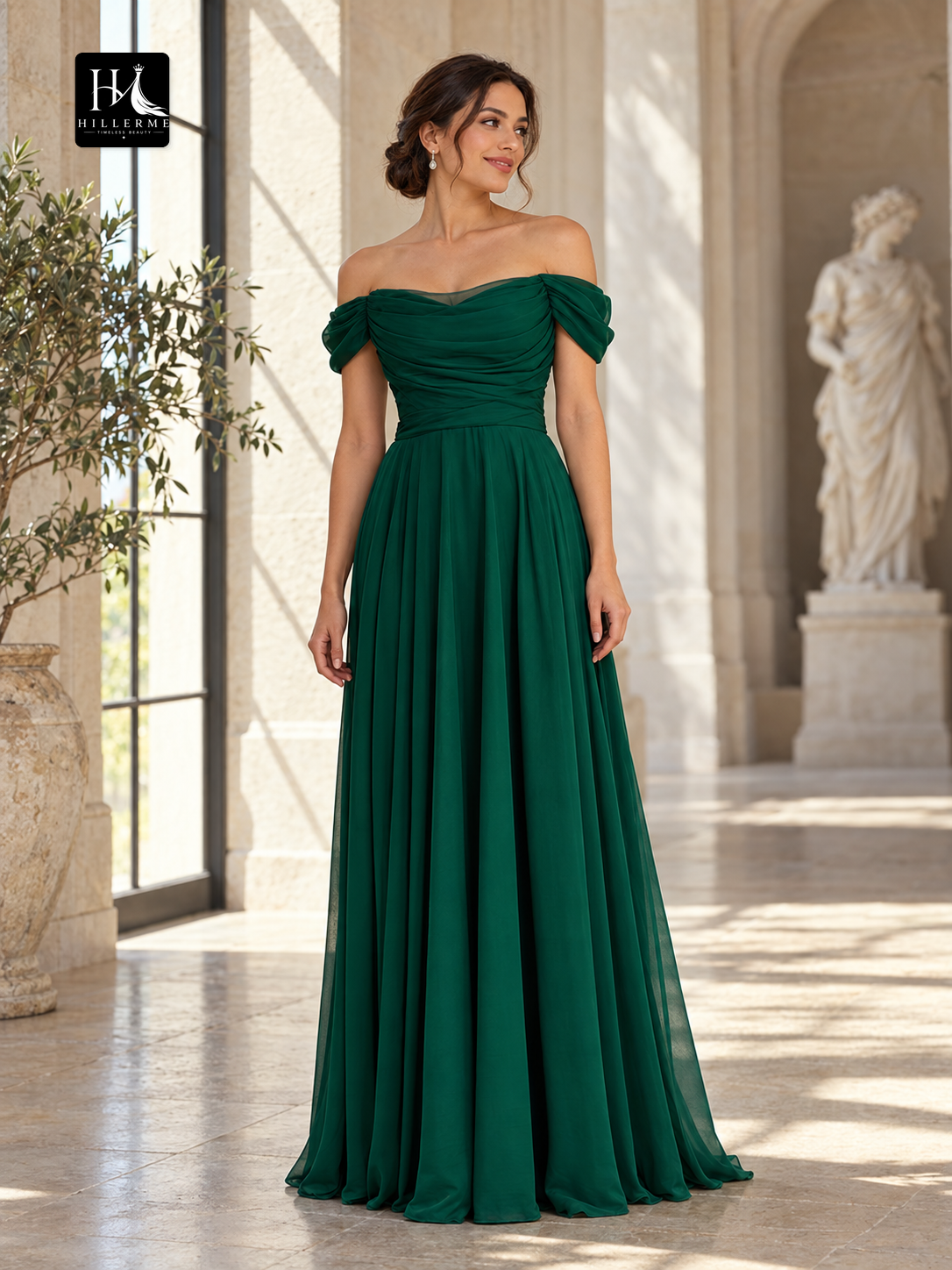Off-the-Shoulder Ruched 30D Chiffon A-Line Floor-Length Prom Dress