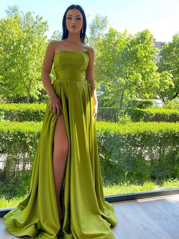 Strapless ruched charmeuse A-line prom dress with sweep train