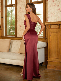 Sheath column floor-length prom dress with one-shoulder neckline and ruching in elastic woven satin