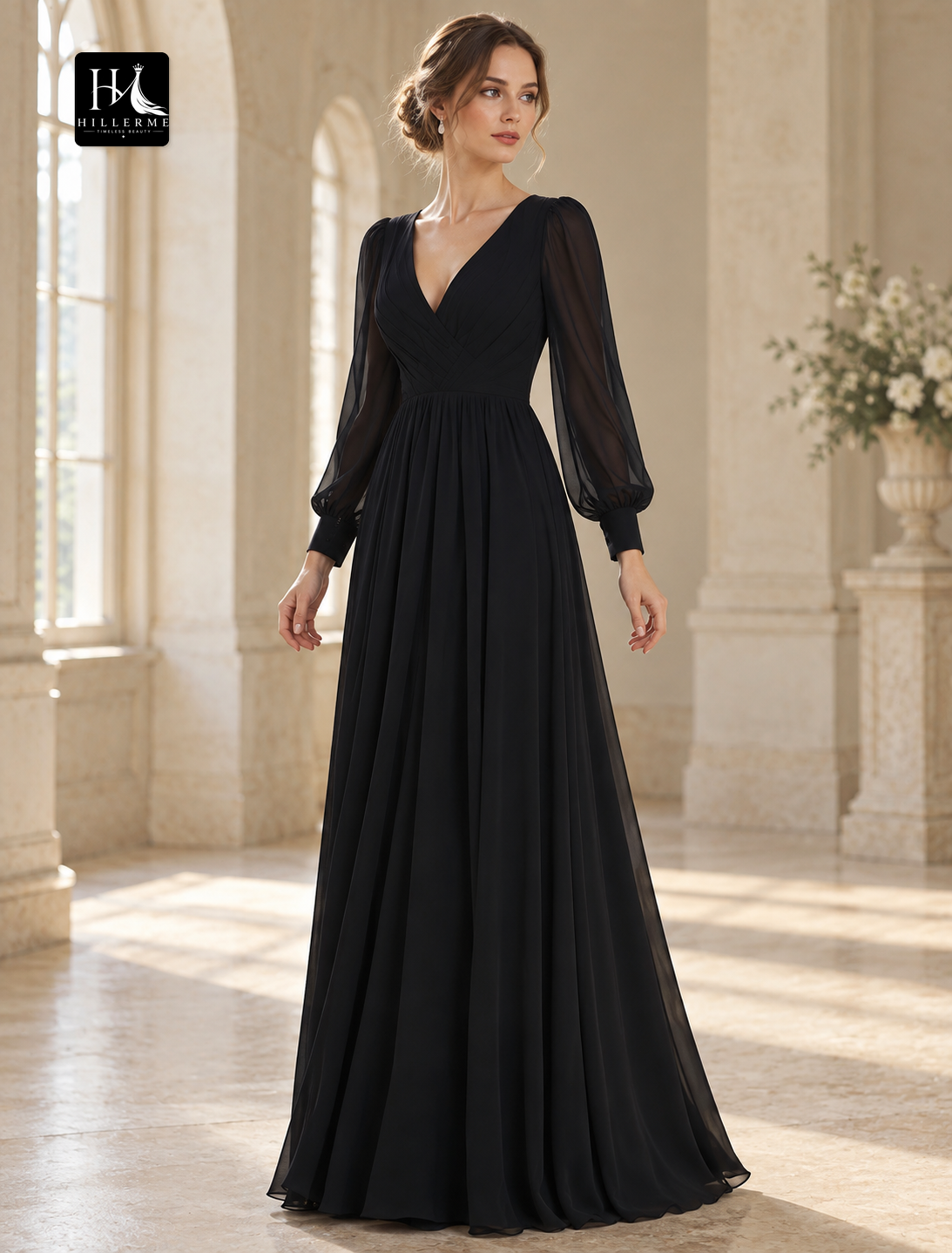 A-Line Long Sleeve V-Neck Chiffon Evening Gown with Slit