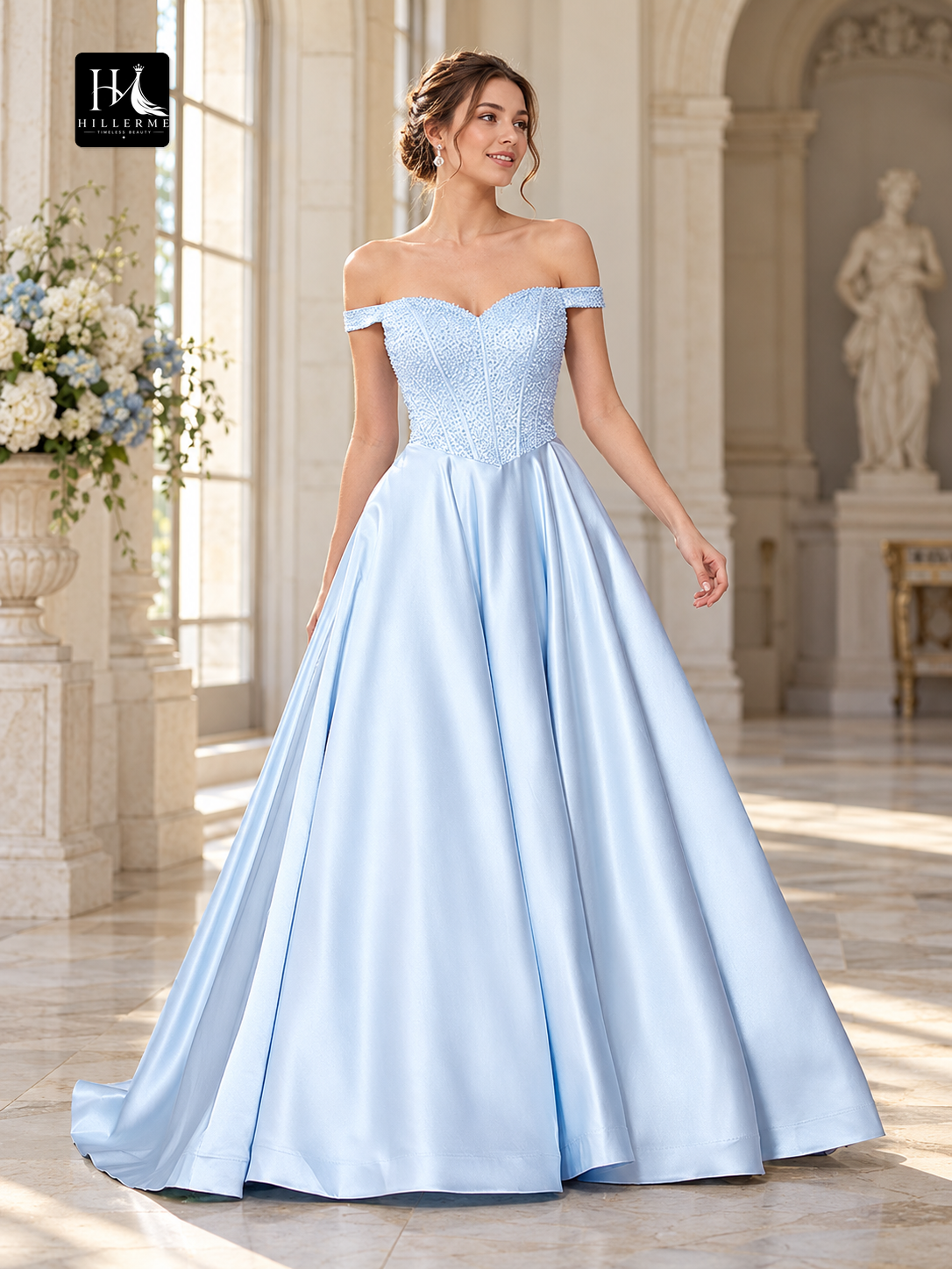 Off-the-Shoulder Sleeveless Beaded Satin Ball Gown Prom Dress with Sweep Train