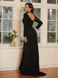 Sheath prom dress in stretch crepe and lace with long sleeves and square neckline