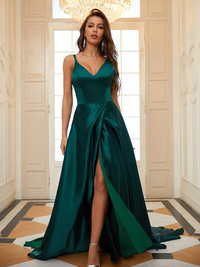A-line elastic woven satin prom dress with V-neckline and ruffle detailing