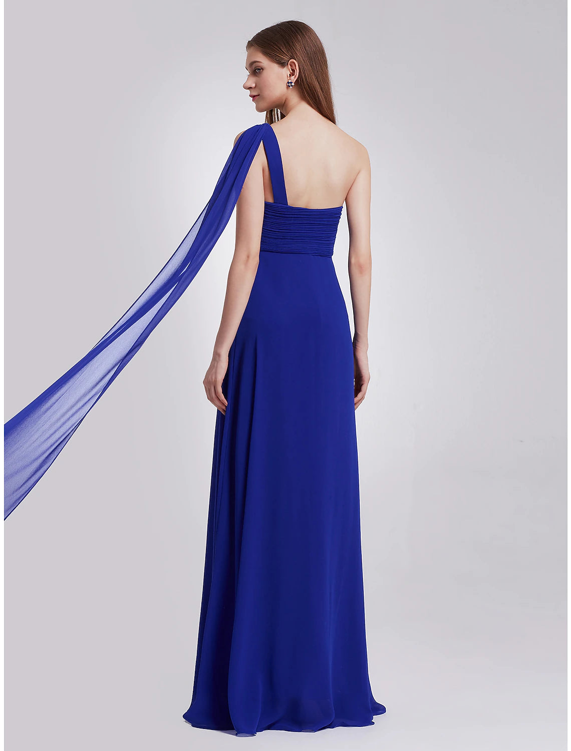 Sleeveless one-shoulder empire waist chiffon dress with draping