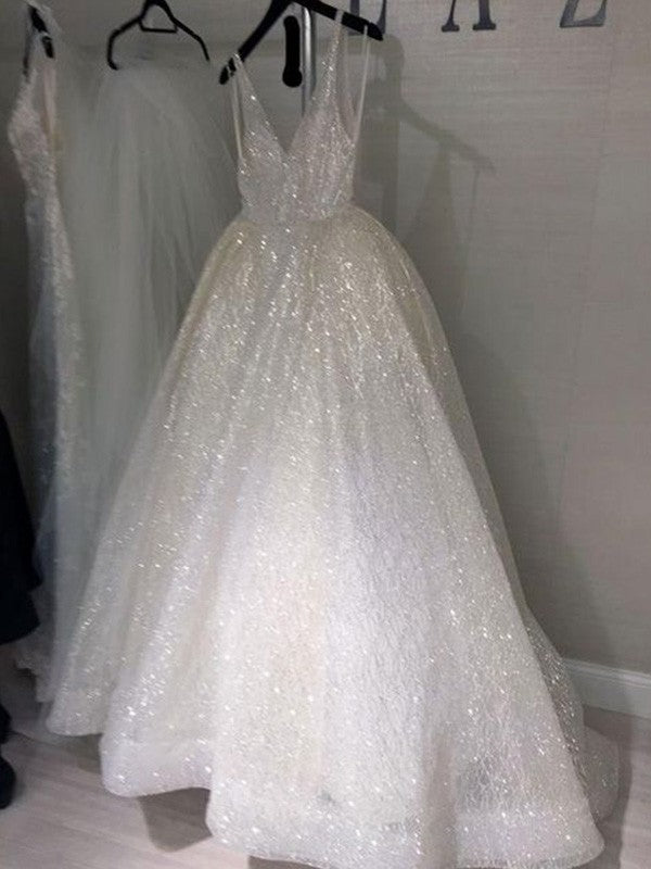 Sleeveless A-line prom dress with V-neck and sweep train