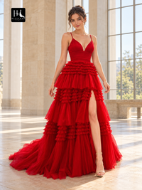 A-Line V-Neck Sleeveless Ruffled Tulle Prom Dress with Sweep Train