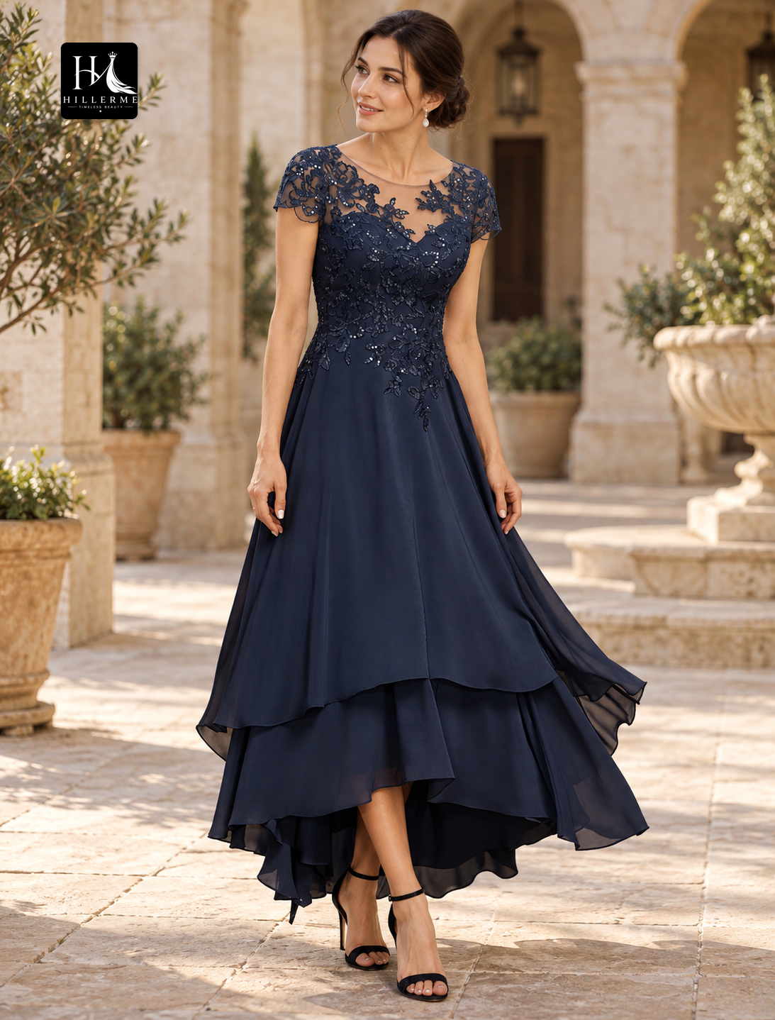 A-Line High-Low Chiffon Mother of the Bride Dress with Sequin Lace Appliques
