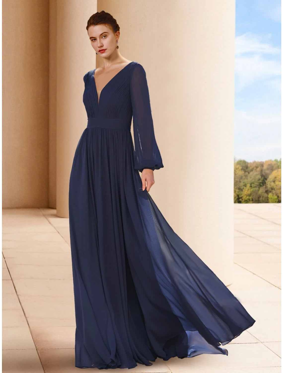 A-line floor-length chiffon mother of the bride dress with V-neck, long sleeves, and ruching