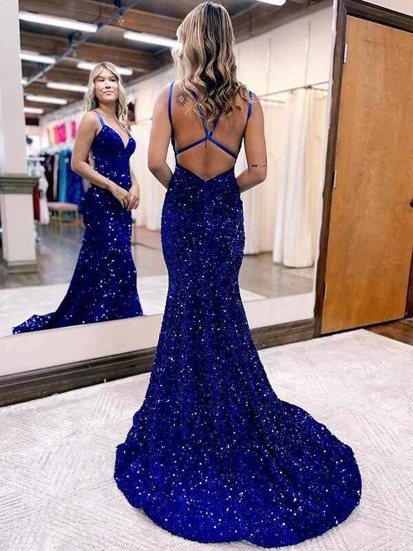 Sleeveless V-neck sheath prom dress in velvet sequins with ruched detail