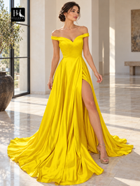 A-Line Off-the-Shoulder Silk-Like Satin Prom Dress with Ruffles and Sweep Train