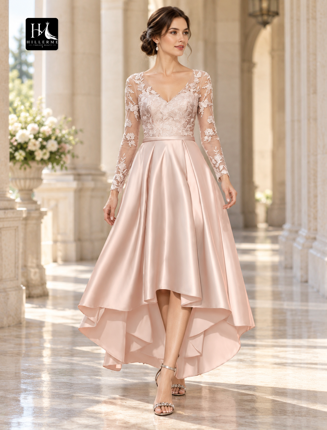 V-Neck Long Sleeve Satin Sheath Mother of the Bride Dress with Lace Pleats