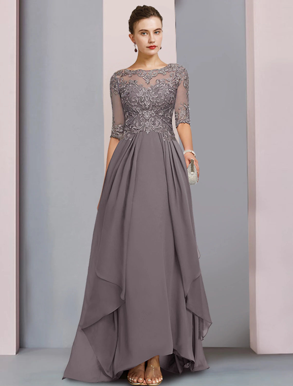 Sheath scoop neck chiffon and lace mother of the bride dress with half sleeves and pleats in Dusk