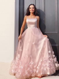A-line princess tulle floor-length prom dress with hand-made flower straps
