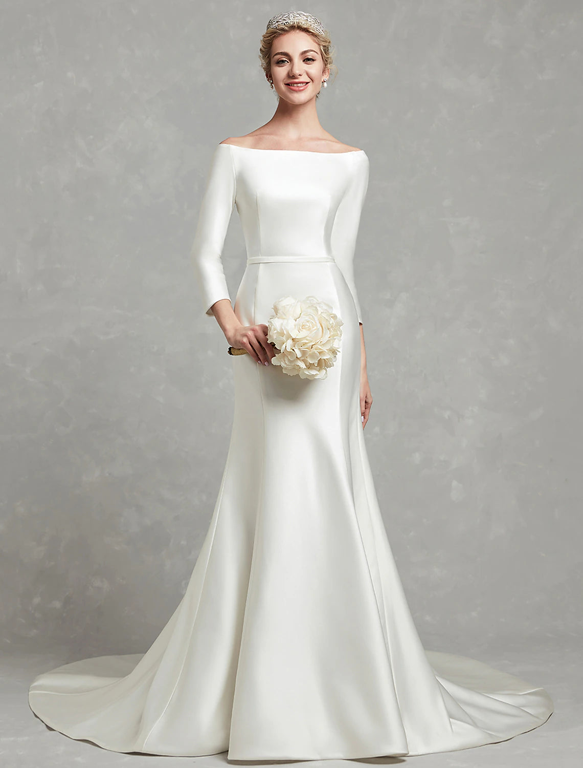Off-the-shoulder 3/4 sleeve satin mermaid wedding dress with chapel train in ivory