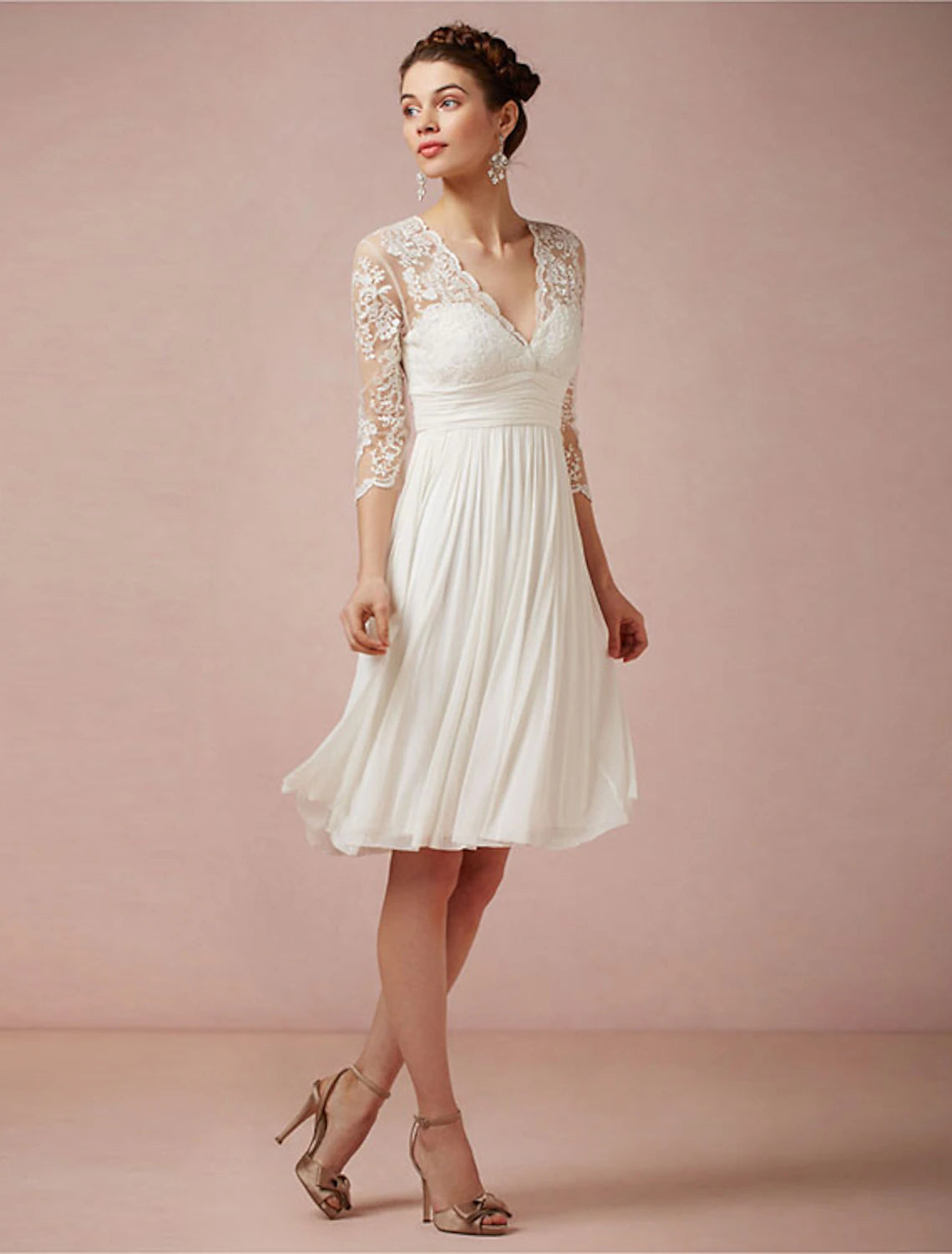 Off shoulder square neck long sleeve tea length tulle sheath wedding dress in ivory