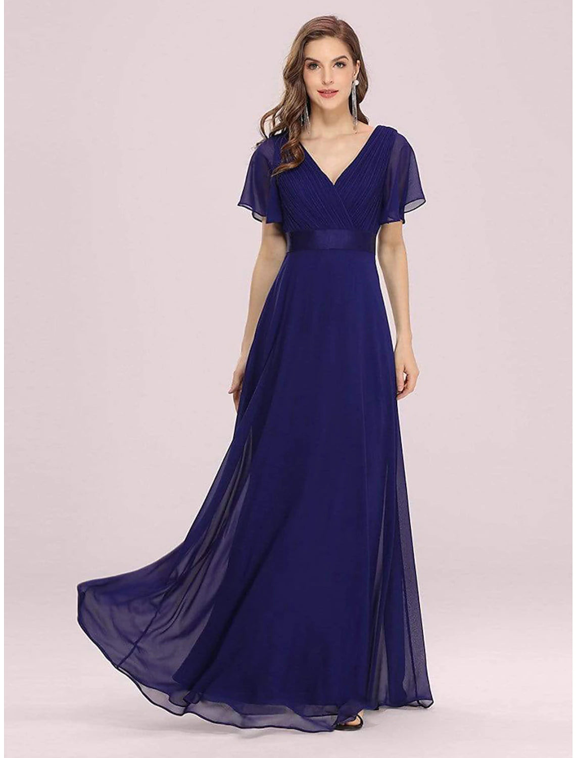 Short-sleeve V-neck pure color chiffon bridesmaid party dress