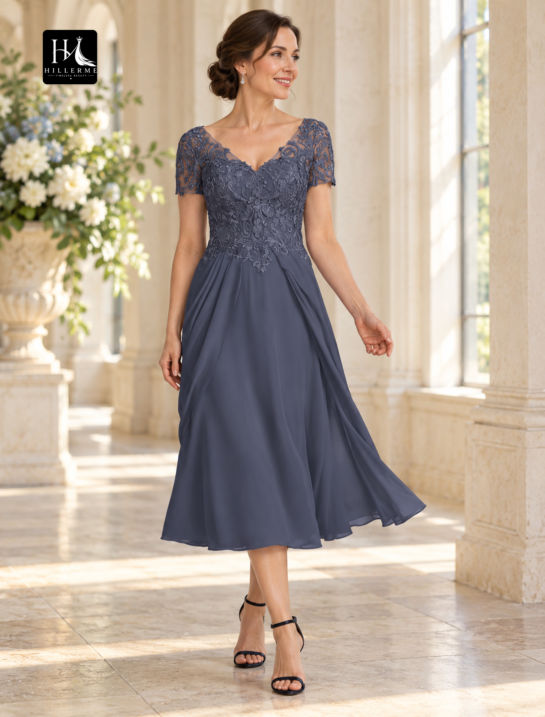 A-Line V-Neck Tea-Length Chiffon and Lace Mother of the Bride Dress