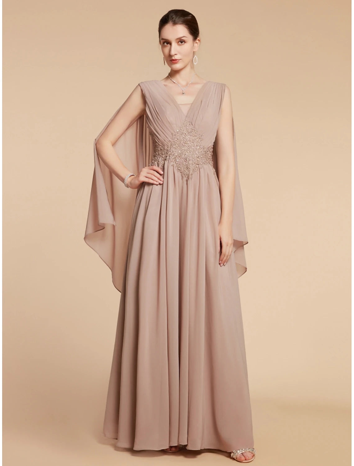 A-line V-neck sleeveless chiffon lace mother of the bride dress in ankle length
