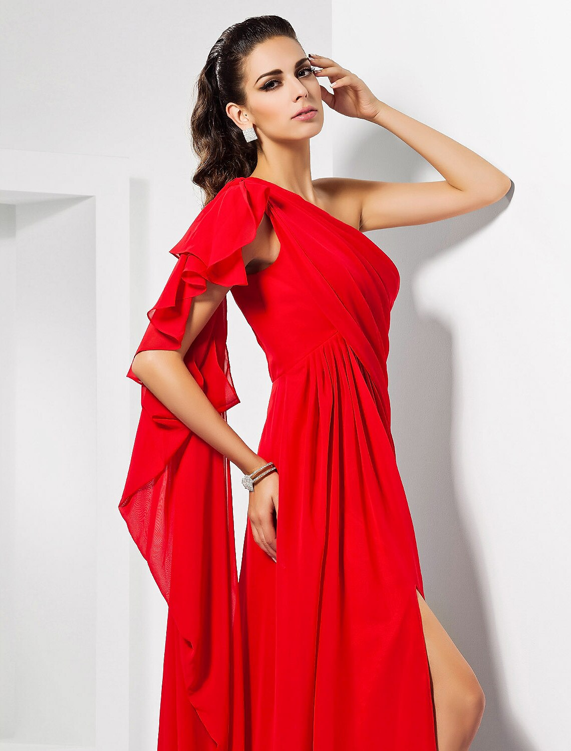 Floor-length chiffon sheath formal evening dress with one-shoulder neckline and slit