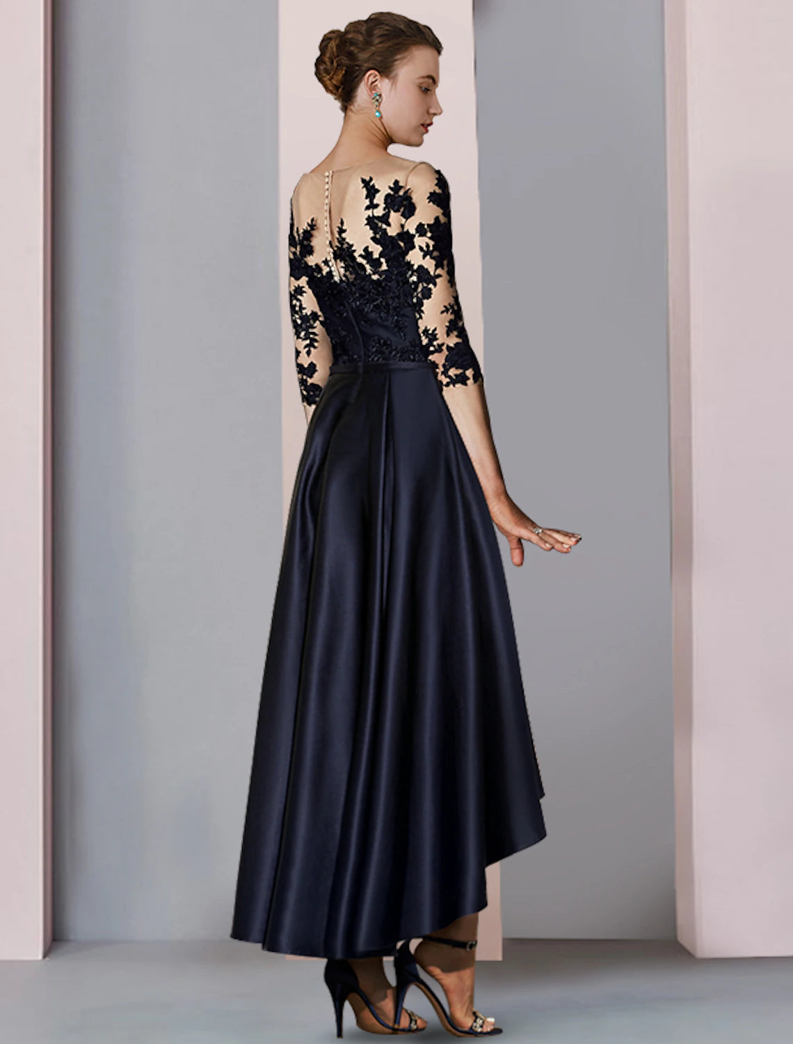 Satin and lace asymmetrical high-low tea-length mother of the bride dress with pleats and appliques