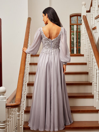 Floor-length 30D chiffon prom dress featuring an A-line cut, V-neck, and long sleeves