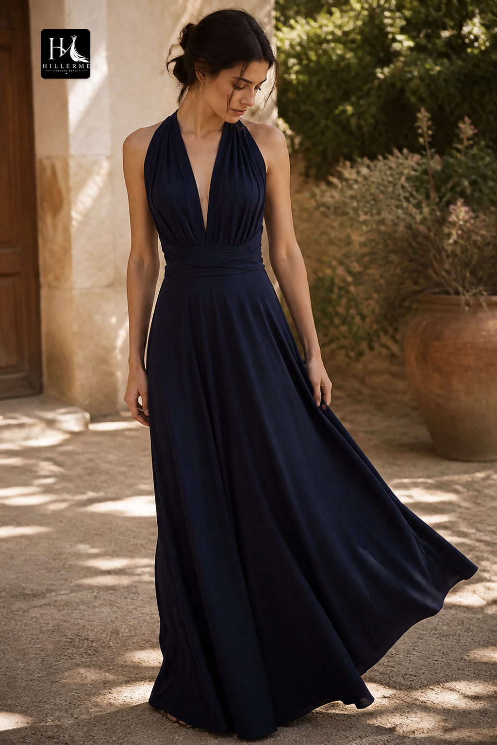 B5117 - Long Sleeveless Bridesmaid Dress with Deep V-Neck and Pleated A-Line Silhouette
