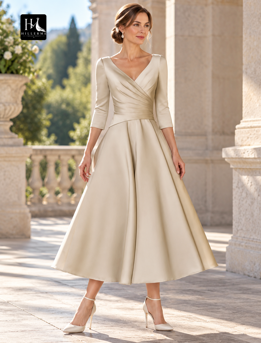 A-Line V-Neck Satin Tea-Length Mother of the Bride Dress with 3/4 Sleeves and Pleats