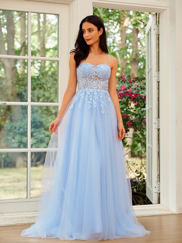 A-line tulle and lace sleeveless prom dress with spaghetti straps in sky blue
