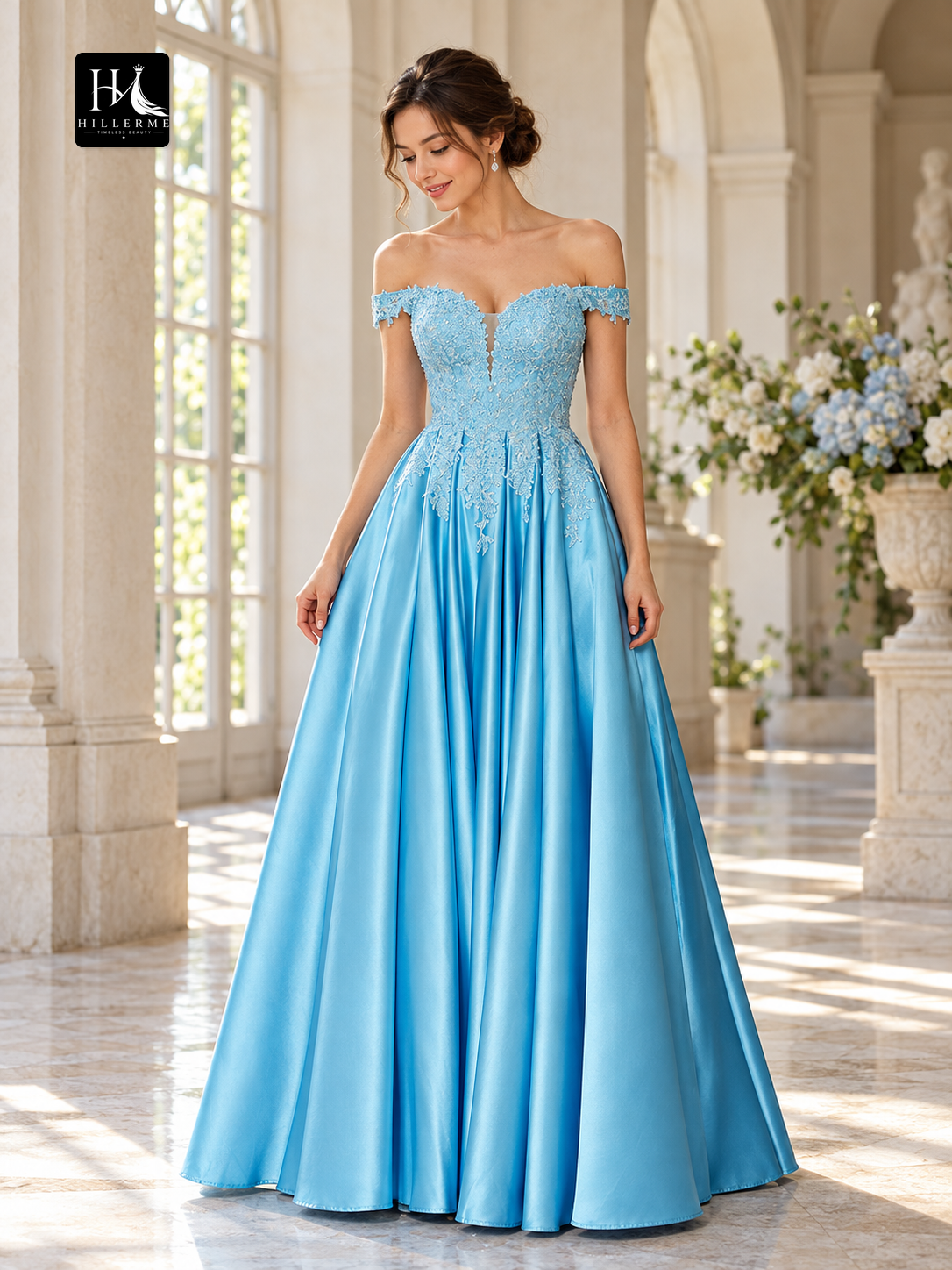 A-Line Off-the-Shoulder Satin and Lace Floor-Length Prom Dress