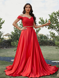 Front view of two-piece silk-like satin A-line prom dress with off-the-shoulder neckline and applique