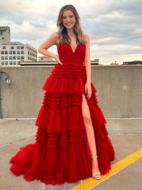 Red A-line tulle prom dress with V-neck, ruffles, and sweep train