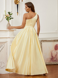 Sleeveless one-shoulder satin floor-length prom dress