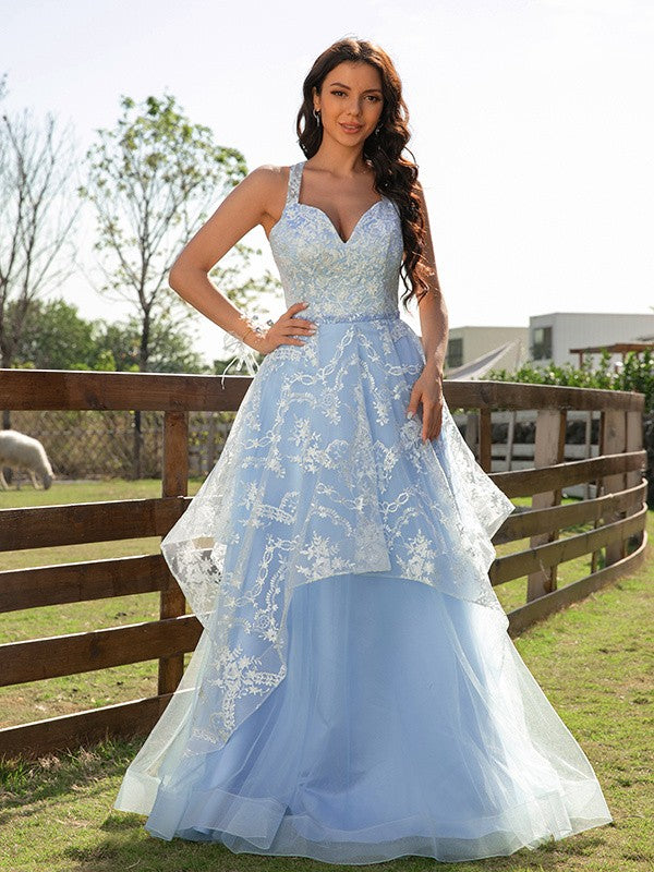 A-line floor-length tulle and lace V-neck sleeveless prom dress
