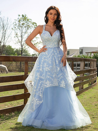 A-line floor-length tulle and lace V-neck sleeveless prom dress