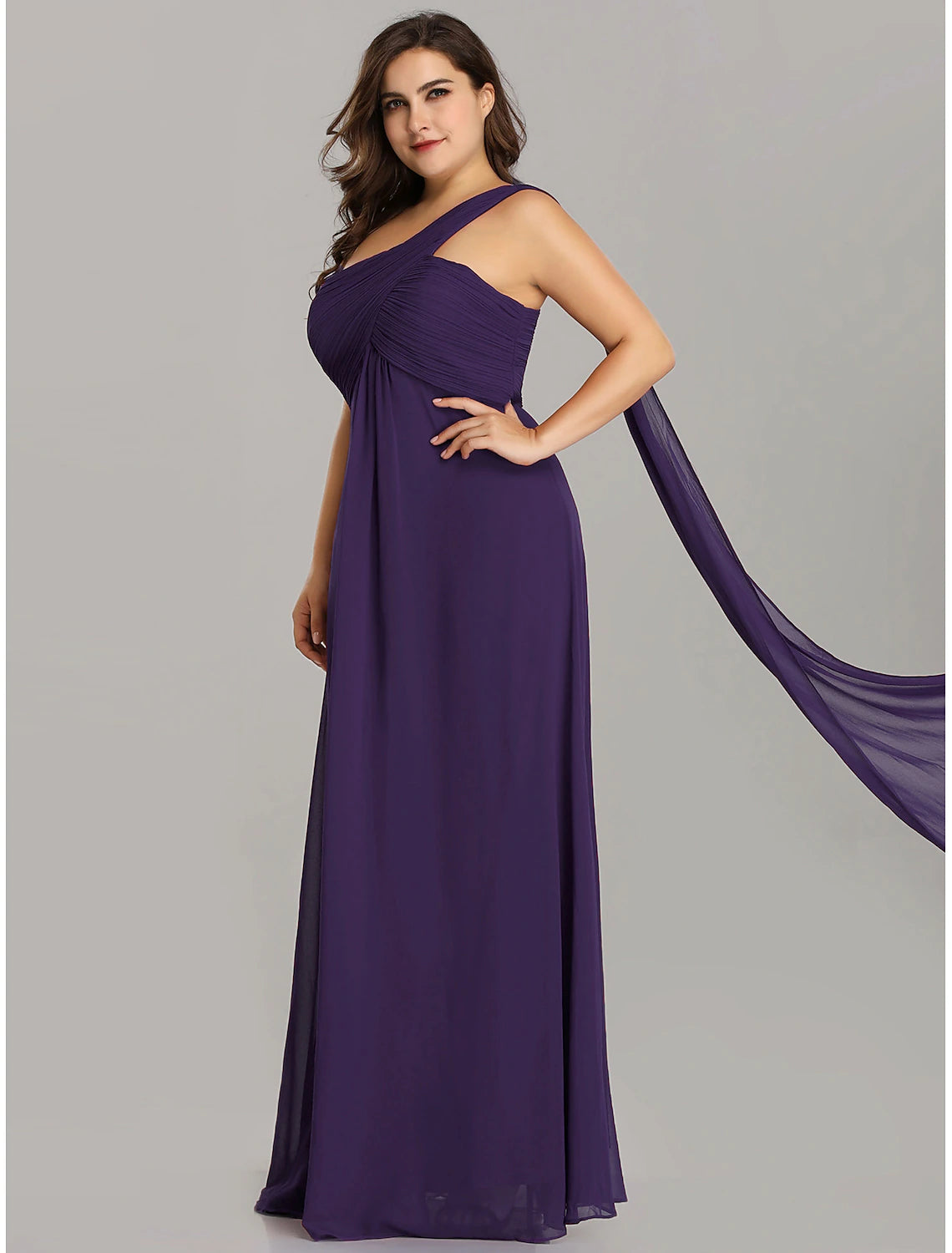 Backless one-shoulder chiffon A-line evening gown with pleats