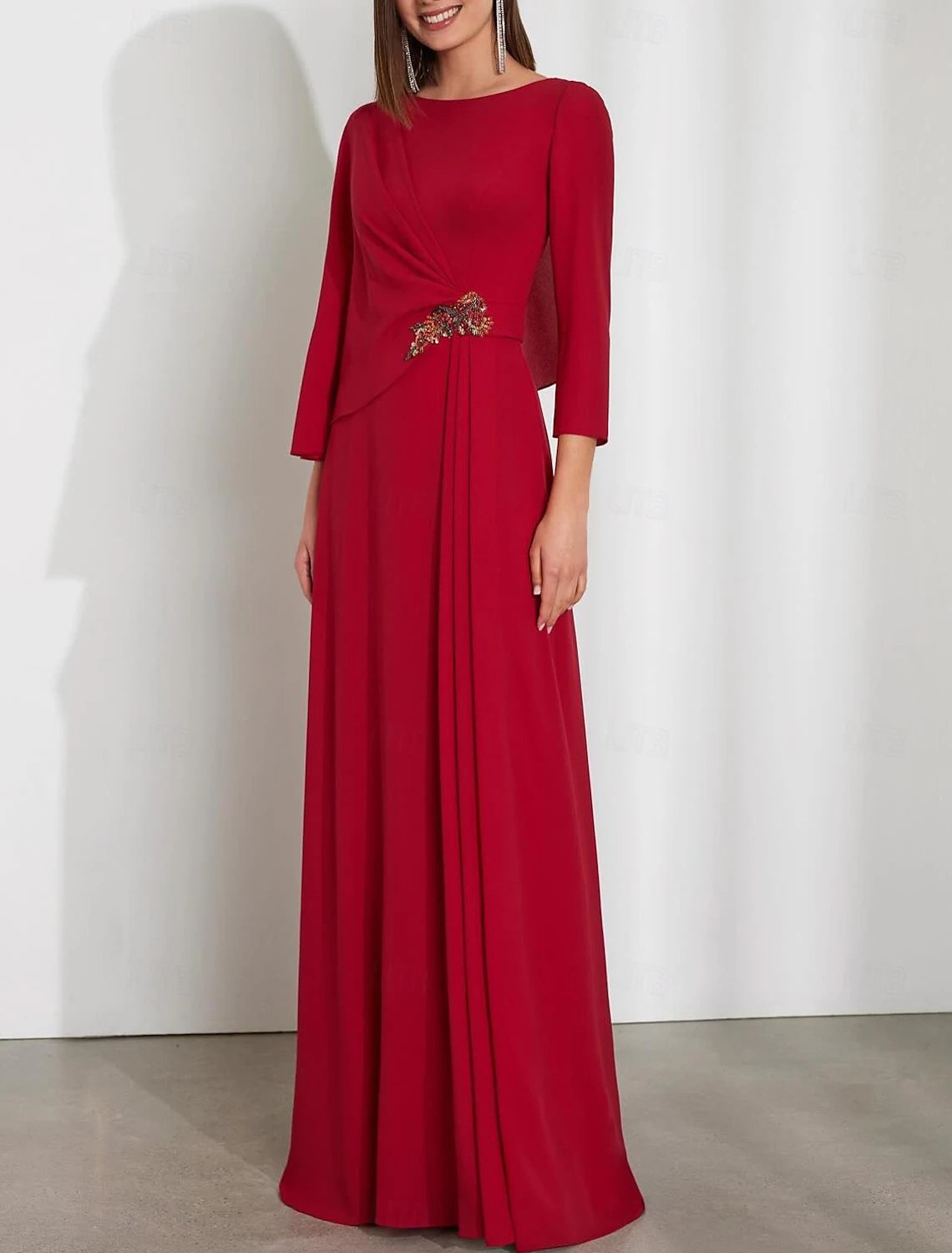 Long sleeve jewel neck column wedding guest dress in burgundy stretch chiffon with ruched detailing