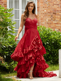 A-Line V-neck sleeveless asymmetrical layered taffeta prom dress