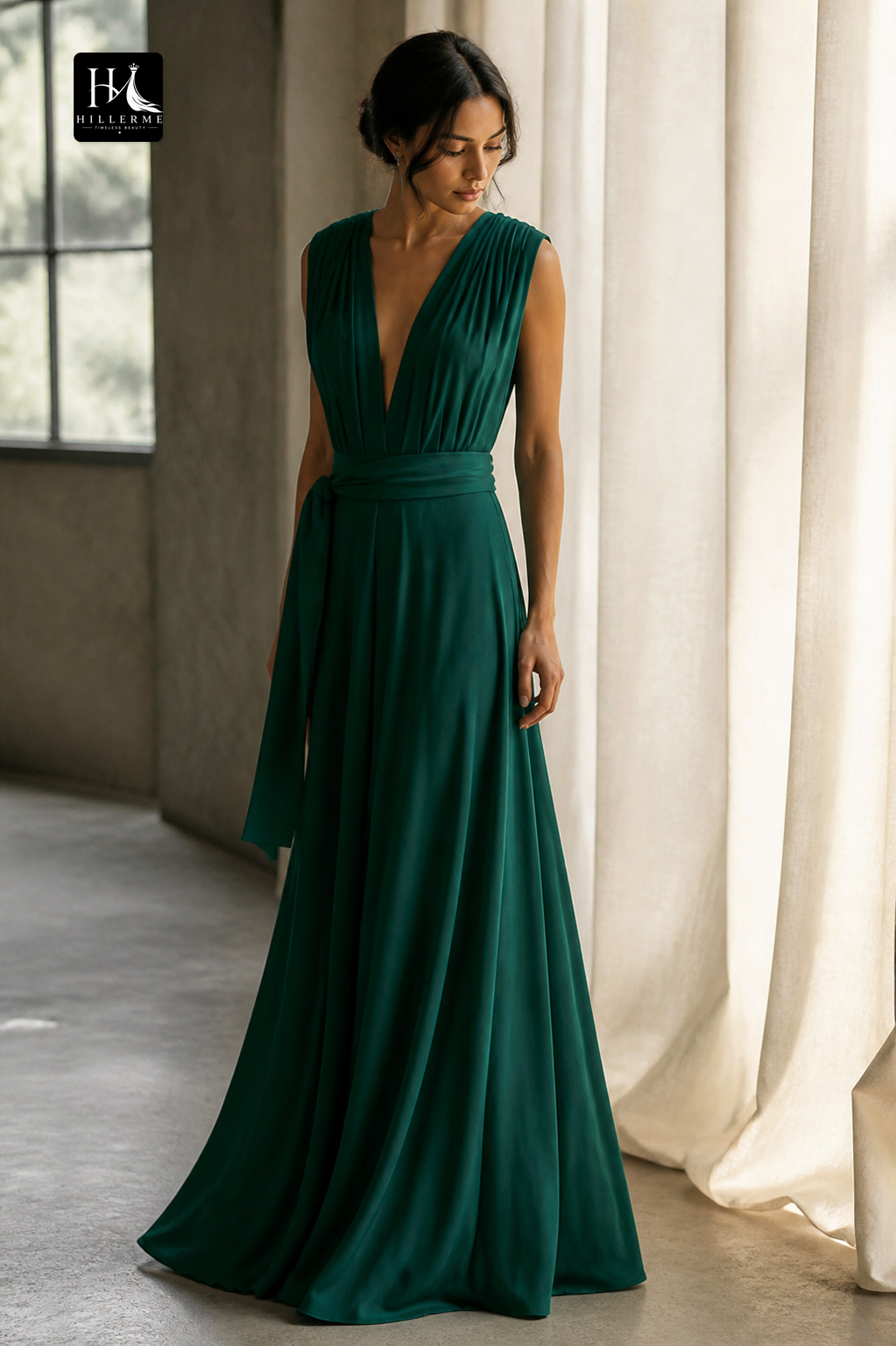 B5115 - Elegant V-Neck Pleated Long Sleeveless Bridesmaid Dress in A-Line Silhouette
