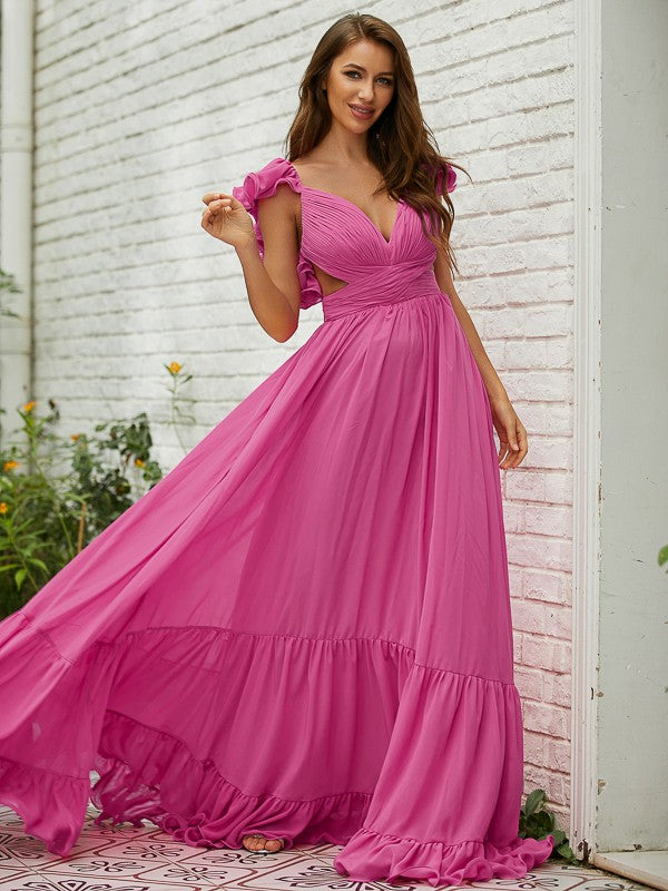 A-line chiffon prom dress with V-neckline, ruffles, and sweep train