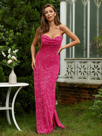 Sleeveless sheath floor-length prom dress with ruched detailing and spaghetti straps