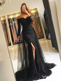 Off-the-shoulder long sleeve trumpet mermaid tulle lace prom dress with sweep train