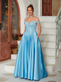 A-line off-the-shoulder satin and lace floor-length prom dress
