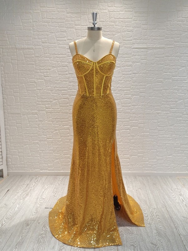 Sequin sheath prom dress with spaghetti straps, sleeveless bodice, and sweep train