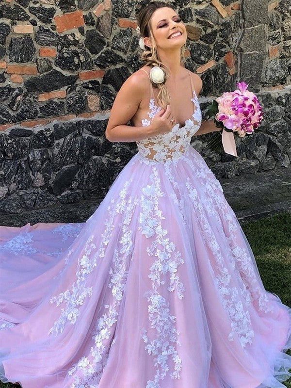 Sleeveless V-neck lace applique ball gown prom dress with sweep train