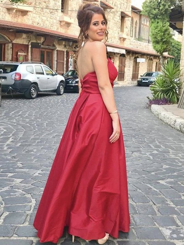 Floor-length satin A-line sleeveless sweetheart prom dress with ruffle detail