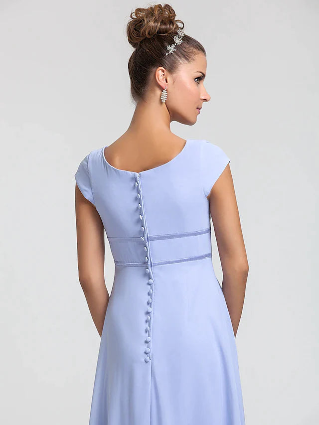 Elegant chiffon sheath bridesmaid dress featuring short sleeves and pleated detail