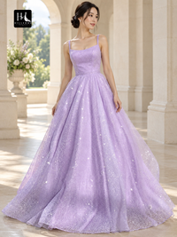 A-Line Square Neck Sleeveless Ruffled Tulle Floor-Length Prom Dress