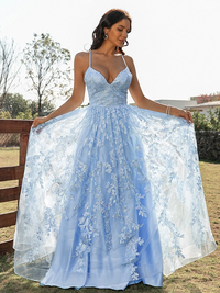 Sleeveless V-neck lace prom dress with ruffle detailing