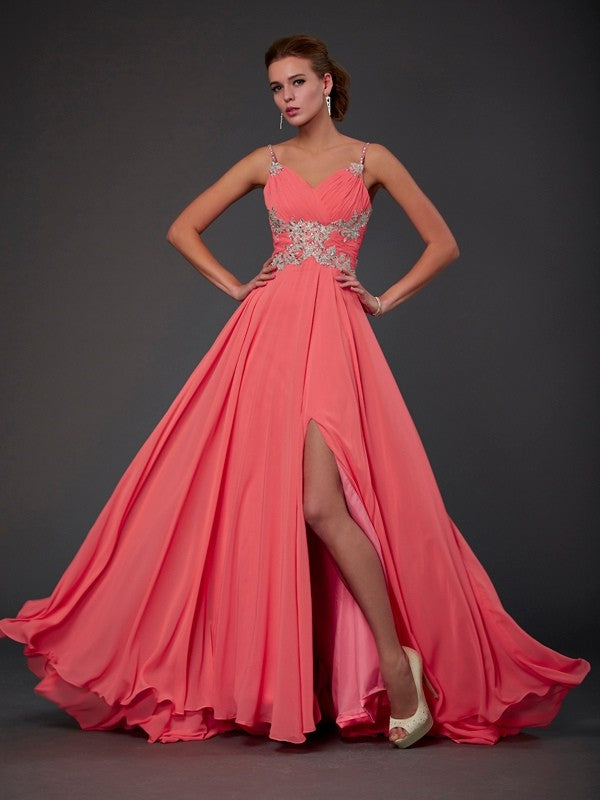 A-Line Princess scoop neck sleeveless lace and chiffon dress with sweep train