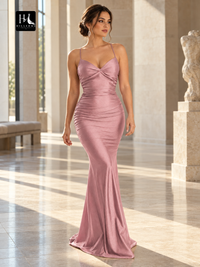 Sheath V-Neck Ruched Sleeveless Elastic Woven Satin Prom Dress with Sweep Train